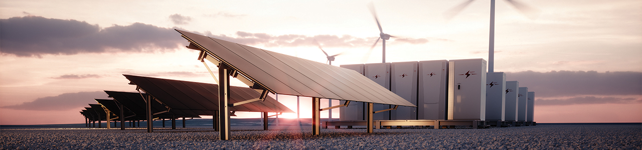 Concept image for renewable energy shows solar panels alongside wind turbines and a battery storage system